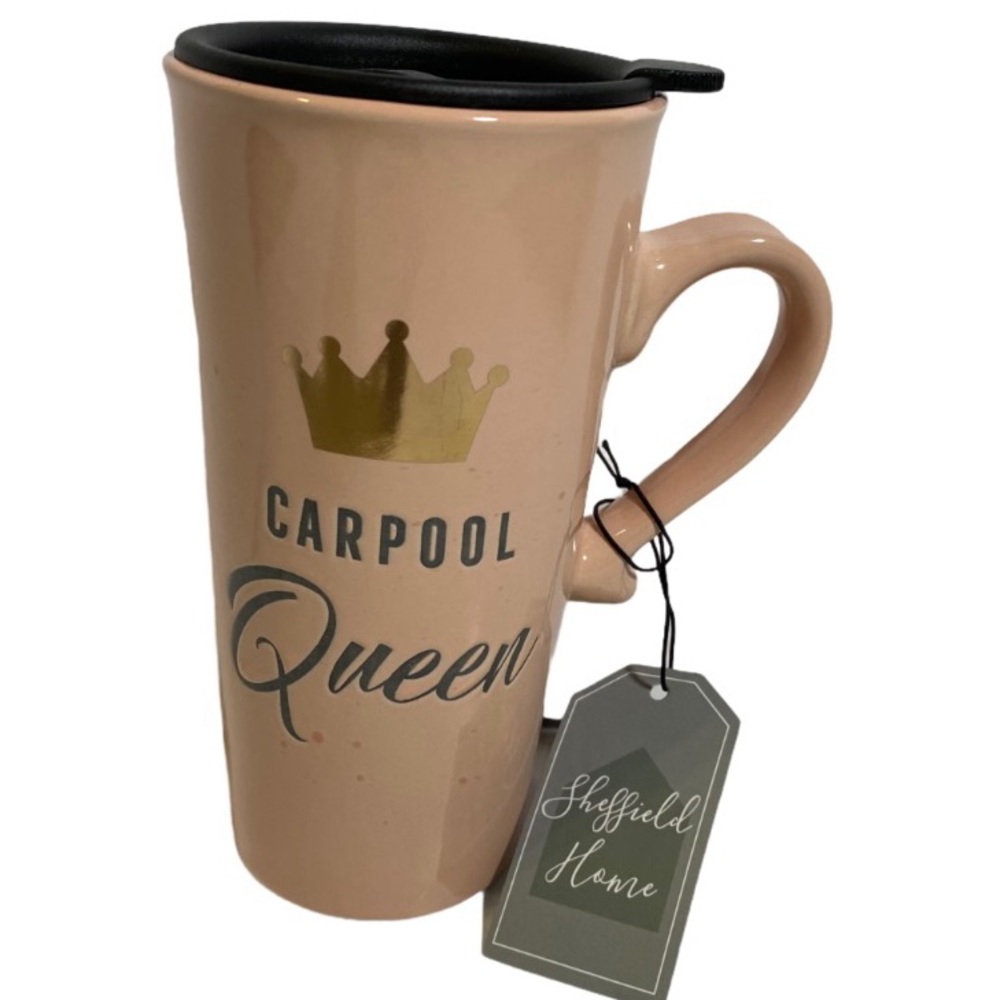 Travel Coffee Mug Ceramic Includes Removable Lid Carpool Queen Crown on Side
